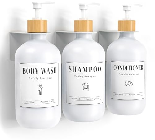 Luxspir Shampoo and Conditioner Dispenser 3 * 500ml No Drill Wall Mount | Refillable Shower Soap Dispenser Bottles with Pumps, Metal Brackets, 6 Waterproof Labels for Bathrooms, Kitchen Hotel & Spas