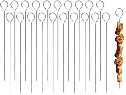 Vmoomax Pinchos de metal de acero inoxidable, 20 unidades, 20 cm, brochetas para carne, brochetas para carne, con mango redondo