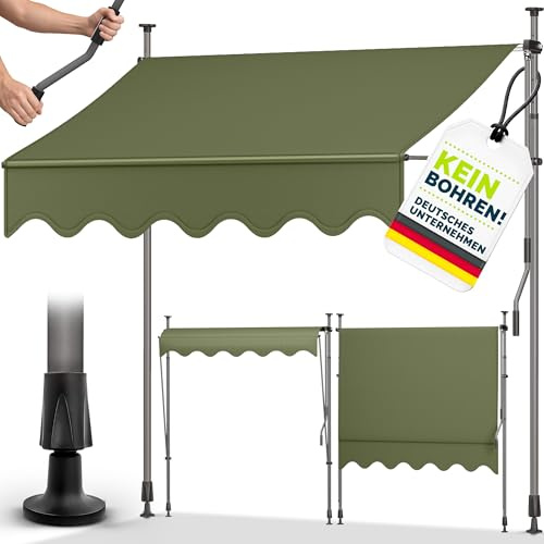 tillvex Toldo con manivela para balcón, sin agujeros, resistente a los rayos UV y altura regulable, protección solar para terraza y jardín, impermeable (verde militar, 150 cm)