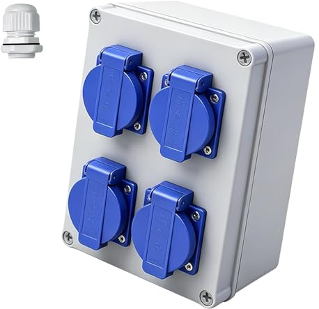 Socket Distributor, 4 x Schuko 230 V, IP44 Construction Power Distributor, 16 A Wall Distributor, Power Distributor, Wall Distribution Boxes, Surface-Mounted Distributor for Indoor/Outdoor Use