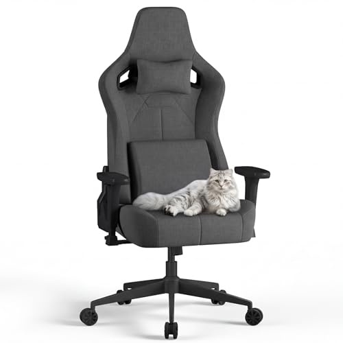 JUMMICO Gaming Stuhl aus Stoff mit Rennsitz, Komfort Bürostuhl Ergonomisch mit 3D-höhenverstellbaren, Schreibtischstuhl Neigefunktion (90°-135°), Belastbarkeit 200 kg, Grau