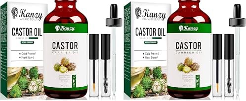 Kanzy Castor Oil for Eyelashes and Eyebrows 100ml Cold Pressed Castor Oil for Hair Growth 100% Natural and Pure Oil with Brushes For Hair, Beard, Nails and Skin (Pack of 2)