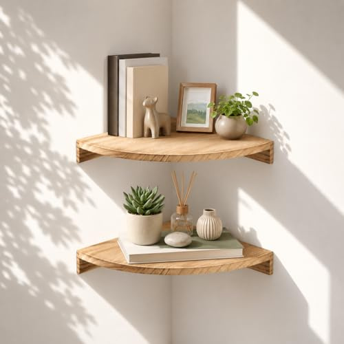 Anihet Set of 2 Natural Wood Floating Corner Shelves, Rustic Corner Wall Shelf Storage Organizer, Solid Wood Wall Mounted Display Shelves for Living Room, Bedroom, Bathroom, Kitchen, Decor