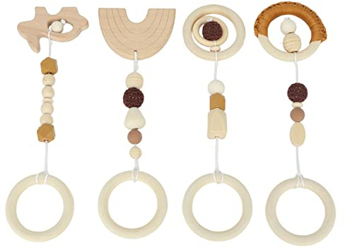 Omquot Hölzerne Hängespielzeuge, Exquisiter Handgefertigter 4-teiliger Anhänger für Baby-Spielhalle, Sicheres Material, Tragbare Buche für Kinderwagen und den Innenbereich (Braun)