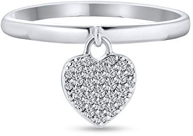 Einfache Zarte .925 Sterling Silber Pave Baumeln Herz Charmee Ring Für Teenager Für Freundin 1Mm Dünnen Band