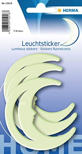 HERMA 15018 Leuchtmond Kinderzimmer groß, 3 Stück, selbstklebend, leuchtende Halbmond Aufkleber Wandsticker, Leuchtsticker aus Plastik zur Sternenhimmel Dekoration für Kinder Mädchen Jungen