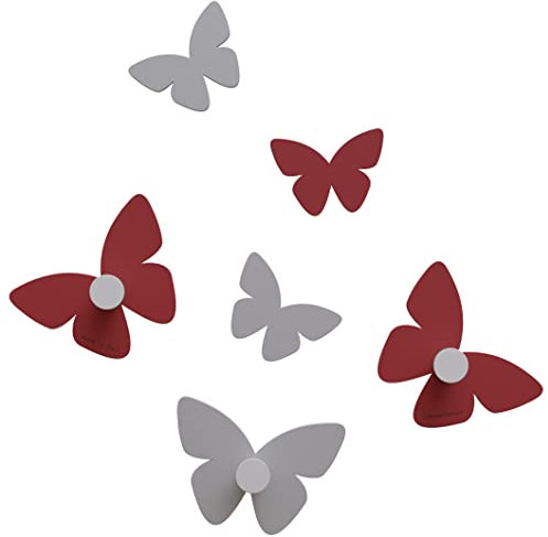 Appendiabiti da parete design Farfalle da ingresso oppure da bagno colore alluminio e rosso rubino. Modello Milioni di farfalle di Callea Design composto da 6 farfalle e 3 pomelli