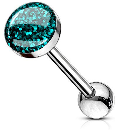 Paula & Fritz® Zungen-Piercing Barbell 16mm lang Chirurgenstahl Glitter Epoxy Dome Aqua