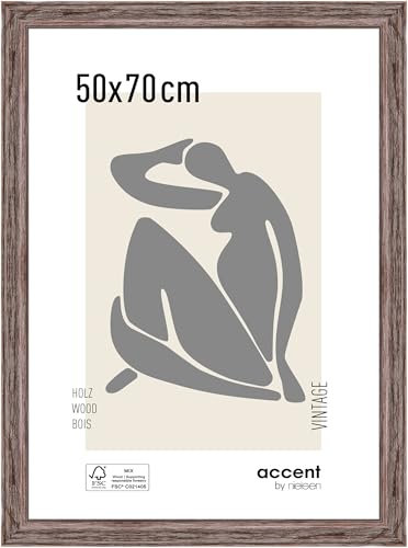 accent by nielsen Bilderrahmen, 50 x 70 cm, Holz, Braun, Posterrahmen zum Aufhängen im Hoch- & Querformat, Echtglas, Vintage