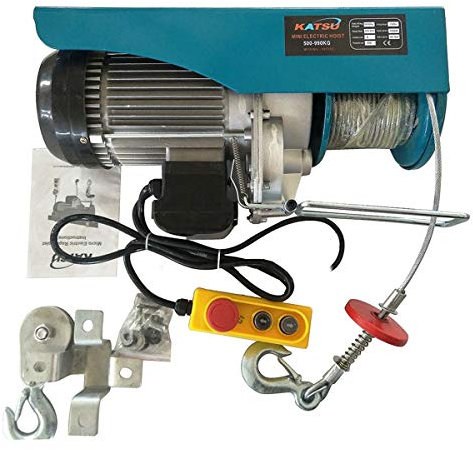 KATSU Palan Électrique Ascenseur Jusqu'à 1000KG 1600W Treuil Électrique Aérien avec 18M Câble fil d'Acier et Télécommande, pour Atelier Garage, Magasin de Voiture, Ascenseur de Toit