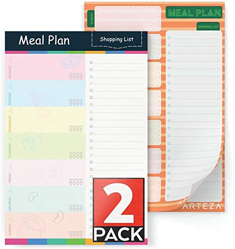 Arteza Menüplaner Block für die ganze Woche, 2x Notizblock Magnetisch mit 60 Premium Seiten 15.24 x 22.86 cm, perforierter Essensplaner und Einkaufsliste für den Kühlschrank