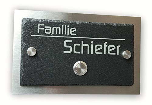 Leskow Metalldesign Klingelschild aus Edelstahl und Schiefer mit Gravur Türklingel Klingelplatte