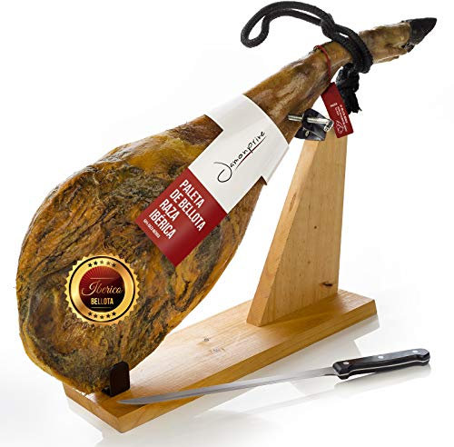 Pata Negra Schinken aus Eichelmast (Vorderschinken) 4-4.5 Kg + Schinkenhalter + Messer - Spanischer Iberico Schinken Bellota Jamonprive