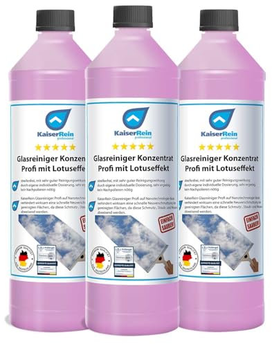 KaiserRein Glasreiniger Konzentrat mit Lotuseffekt 3x 1L - Professioneller Fensterreiniger für streifenfreien Glanz auf Glas, Fenstern und Spiegeln - Fenstersauger geeignet