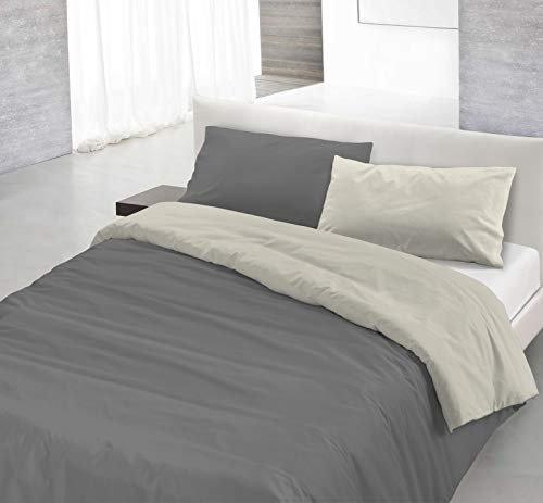 Set Copripiumino 100% Cotone Natural Color, Made in Italy - Parure Copri Piumino - Sacco Piumone 250x200 cm con Doppia Patella e Federe Cuscino, Matrimoniale, Grigio Scuro/Panna