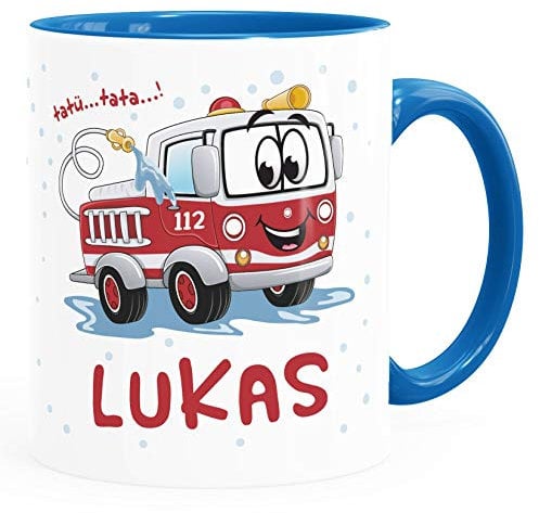 SpecialMe® Kindertasse Personalisiert Feuerwehrauto Tatü Tata Namenstasse Kinder Jungen Mädchen Kinderbecher Keramik inner-blau Keramik-Tasse