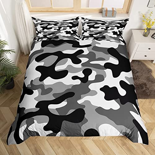Camouflage-Bettwäsche-Set,Camouflage-Bettbezug für Kinder-Teen-Jungen-Mädchen,Grau-Schwarz-Weiß-Tarnmuster-Trösterdecke Dekorativer Raum,Ozean-Bettbezug mit 2 Kissenbezügen,155 x 220cm