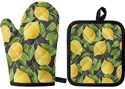 Kuiaobaty Lot de 2 maniques et maniques Jaune citron vif avec gants antidérapants pour barbecue, pâtisserie, cuisine
