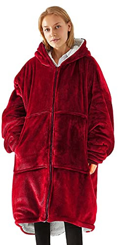 UMIPUBO Felpe con Cappuccio Uomo Donna Coperta TV Cerniera Oversize Pullover Blanket Hoodie Super Confortevole Felpa con Coperta Sherpa Fleece Jumper Coperta Gigante(Vino rosso,Taglia unica)
