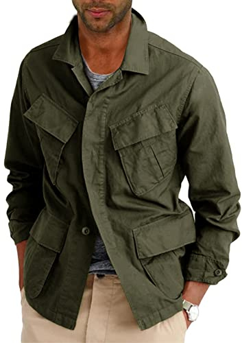 Runcati Mens Lightweight Safari Jacket Button Up Cotton Outdoor Military Cargo Long Sleeve Outwear Army Green
