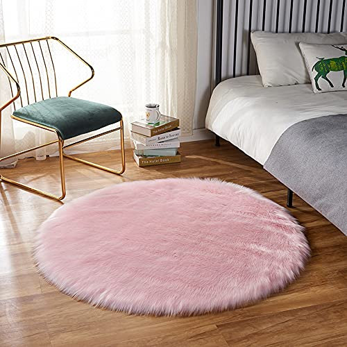 Hruile Tappeto rotondo morbido al tatto, in finta pelle di pecora, soffice, antiscivolo, resistente, per yoga, soggiorno, camera da letto, cameretta dei bambini, 100 cm, rosa