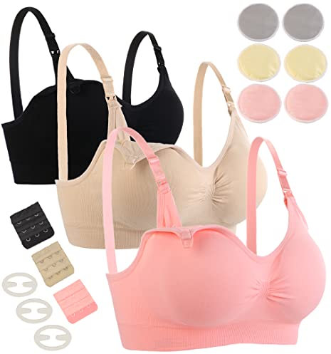 Seitop 3er-Pack Schwangerschafts Still BH mit Waschbare Stilleinlagen Damen Nahtloser Still-BH mit Zusätzlichen BH-Verlängerungen Stillen und Schlaf Ohne Bügel L