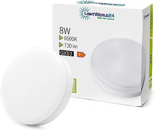 LIGHTWORLD24 GX53 LED Lampe 8W Kaltweiß,GX53 Leuchtmittel,Ersatz 60W GX53,720Lumen,6500K,120 Grad Winkel,CRI> 80,GX 53 LED Glühlampe,1er Pack