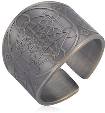 LIKGREAT Metatrons Würfel Ring Erzengel Metatron Talisman Amulett Ringe Heilige Geometrie Kupfer Offener Ring Glücksbringer Schutz Religiöse Schmuck Geschenke für Männer Frauen (Silber)