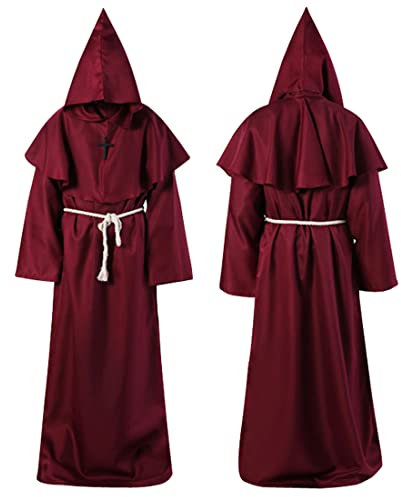 Wishstar Mönch Robe, L Mittelalterliche Renaissance Robe, Kostüm Mönch mit Kapuze und Kordel, Burgund Männer Prister Gewand Kostüm mit Kreuz für Mottoparty Halloween Cosplay Karneval und Fasching