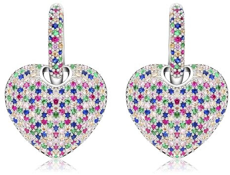 S925 Sterling Silber Nadel Herz Dangle Drop Hoop Ohrringe für Frauen Mehrfarbige Kristall Cubic Zirkonia Lila Amethyst Dangling Ohrringe Feine Schmuck Geschenke für Sie (silver)