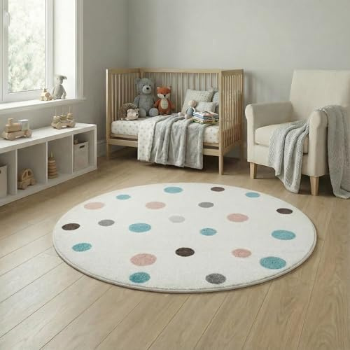 Jimri Kinderteppich DOTS l Pünktchen Gepunktet l Öko-Tex Siegel | Farbe: Beige Blau Rosa | Kinderzimmer/Jugendzimmer (White, Ø 120 cm Rund)