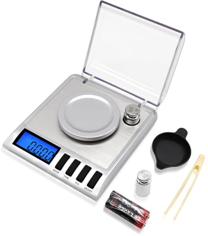 UNIWEIGH Balanza miligrama 50g/001g,Compacto Bolsillo Escala 20g Cal Peso | Balanza para joyas y gemas, Báscula para medicamentos en polvo,Recarga, incluye cuchara, bandeja para pólvora y pinzas