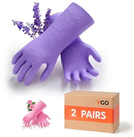 Vgo... 2 pairs Heavy Duty Cleaning Gloves Lined Nylon, Household Gloves Reuseable in TPE Latex Free, Thicker Washing Up Gloves for Kitchen Bathroom Gardening Painting, with Flower Flavor