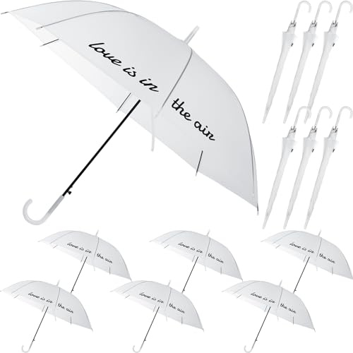 SilTriangle 6 Pcs Frosted White Rain Umbrella Love Is in the Air Translucent Wedding Windproof Cute Umbrella with J Hook Handle for Bride Groom Wedding Party Prom Bridal Shower Gift Decor