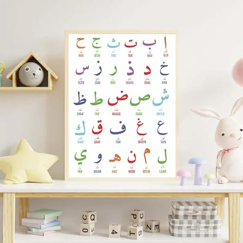 Npzoed Islamische arabische Buchstaben, Alphabet, Wandkunst, Leinwand-Poster, niedliche Alphabete, Leinwandmalerei, Drucke, bunte Wandkunst, pädagogische Drucke für Kinderzimmer, Kinderzimmer