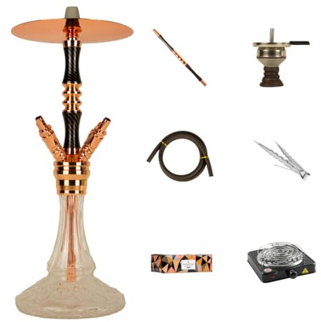 Set Completo Cachimba Crystalia Elektra Rose Gold con Detalles en Carbono y Base de Cristal | 52 cm para 4 Personas | Kit Completo con 1 kg de Carbón Cocobration 27mm y Hornillo