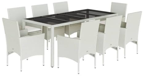 vidaXL Garten Essgruppe 9-TLG., Gartenmöbel Set mit Kissen, Gartengarnitur Tisch 8 Stühle, Lounge Sitzgruppe Sitzgarnitur, Weiß Poly Rattan Glas