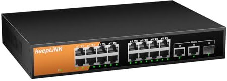 keepLiNK Commutateur Gigabit PoE non-géré à 16 ports, 16 ports PoE+ à 240W, 2 ports de liaison montante Gigabit et 1 emplacement SFP, conforme 802.3 at/af, sans ventilateur et boîtier métallique, pour