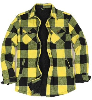 ZENTHACE Herren Herbst Shacket Flanelljacke Sherpa Fleece gefüttert Druckknopf hoch kariertes Flanellhemd warme Mantel gelb und schwarz 3XL