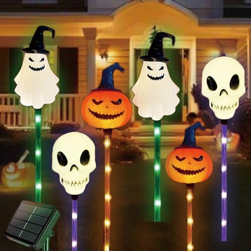 Shinybox Halloween Deko Outdoor Garten, 6 Stück Kürbis Geister Solarlampen Draußen LED Beleuchtung Laterne, Wasserdicht Solarleuchten Halloween LED für Außen Party Grabstein Haus Dekor(B)