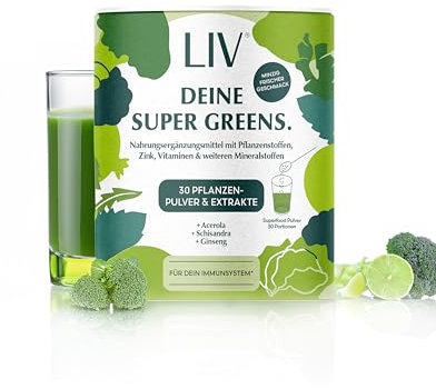 LIV Super Greens | 30 Pflanzenpulver- & Extrakte | Prä- & Postbiotika, Vitamine, Mineralstoffe | mit Acerola, Ginseng, Schisandra |Verdauung & starkes Immunsystem | Ohne Zuckerzusatz & Süßstoffe