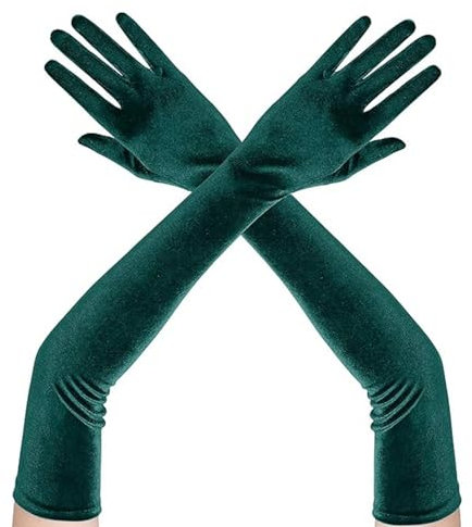 XDGBGFN 1920s Lange Samt Handschuhe für Frauen - Karneval Party Kostüm Halloween (Grün, Standard)
