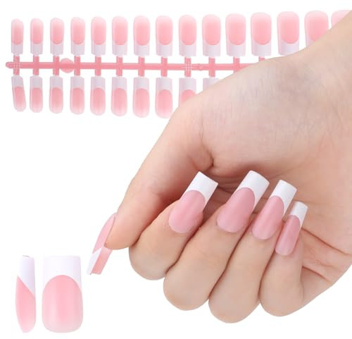 Ptwola 120 PCS French Gel Nail Tips Kit Pink Square Press on Nails Stickers Lasting Soft Full Cover Acrylic Fake Nails Extensions No Need to File for Women Nail Art DIY Accessories Salon 15 Sizes