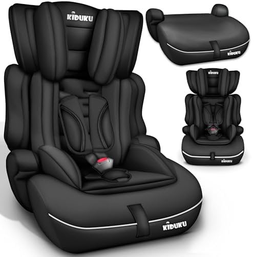 KIDUKU Seggiolino auto con coprisedile, cresce con il bambino, sedile, universale, approvato con la normativa ECE R129/03, 9-36 kg (1-12 anni), gruppo 1+2+3 (Noir)