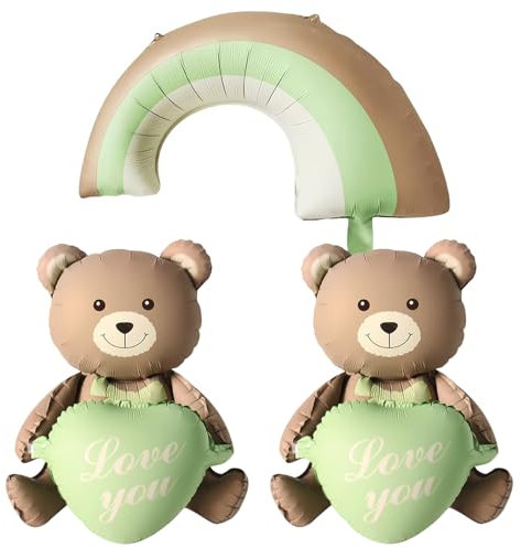 KOBOKO Bär Geburtstag Deko, 3 Stk Bär Folienballon Geburtstagsdeko Junge, Bär Luftballon Tiere Ballons, Bären Tier Luftballons Baby, Regenbogen Ballons Grün für Kindergeburtstag Babyparty Deko