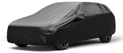 BHIEE Autoabdeckung Stretch Stoff Autoplane Staubschutz Wasserdicht Elastischer Abdeckung Auto für Autogarage, Tiefgarage, Autoausstellung, Indoor und Outdoor, Schwarz, Passen bis zu 4.6m-4.9m,Schwarz