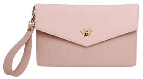 Alice Wheeler Bee Envelope Clutch Evening Bag – Faux Leather & Suede – Detachable Wrist Strap – Gold Bee Fitting – Magnetic Closure – Elegant Party Bag – 24 x 16 x 1 cm (PInk)