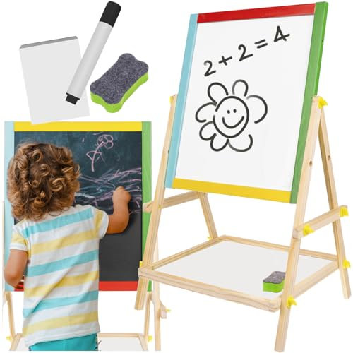 KRUZZEL Magnetische Drehbare Kindertafel 2in1 – Kreidetafel & Whiteboard – Montessori Holztafel mit Zubehör – Farbige Kinder Staffelei zum Zeichnen und Lernen – Back to School