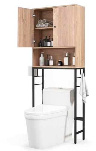 COSTWAY Meuble WC, Meuble Machine à Laver, Rangement de Salle de Bain à 2 Portes et Compartiment Ouverte, 2 Crochets Latéraux, 23 x 63 x 165,5 cm (Naturel)