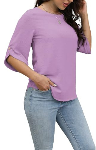 Oneezit Camicette Estive Donna con Maniche 3/4 T-Shirt Casual Moda Scollo Rotondo Manica Corta Blusa Viola S
